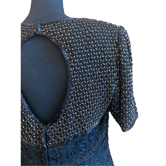 Vintage Black / Gold Beaded 100% SILK Evening Dress - Picture 9 of 14